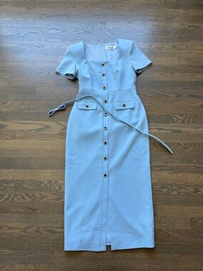 Self-Portrait Powder Blue Midi Dress with Front Buttons